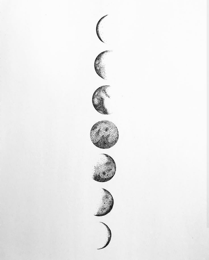 a drawing of five phases of the moon in black and white, with one half being drawn