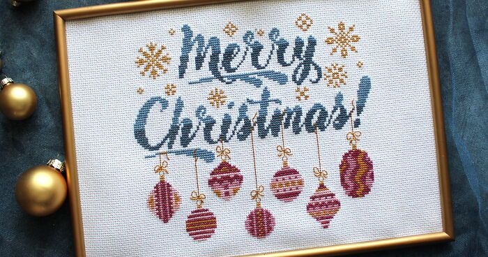 a cross stitch christmas card with ornaments