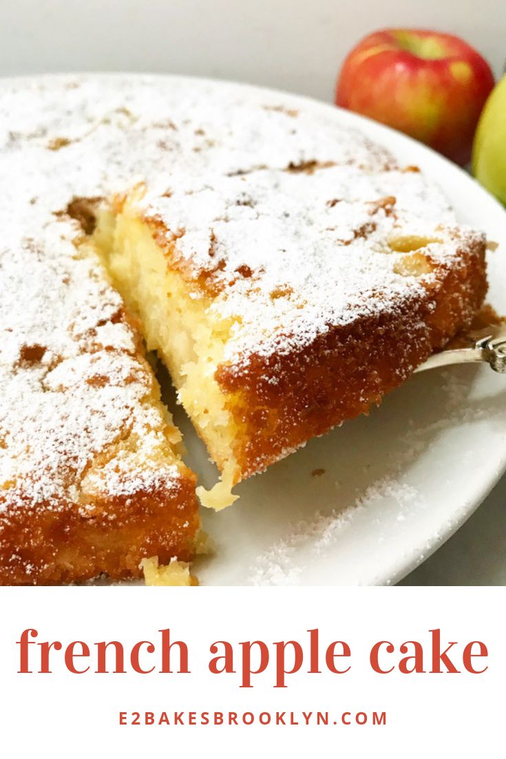 a close up of a cake on a plate with apples in the background and text overlay that reads french apple cake