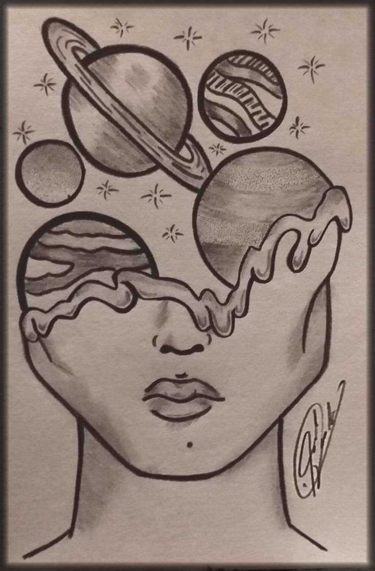 a drawing of a woman's face with planets above her head