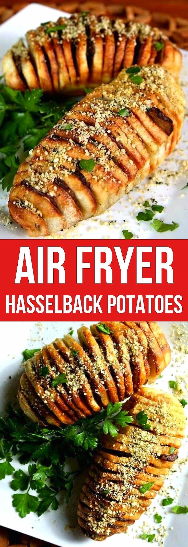 air fryer hasselback potatoes with parsley sprinkles on top