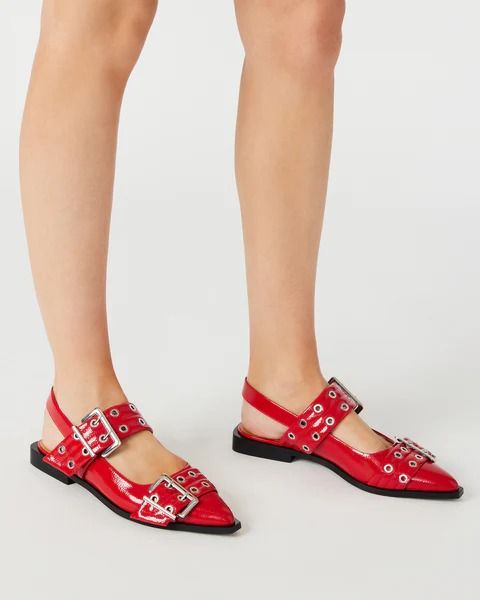 GRAYA Red Patent Slingback Flat | Women's Flats – Steve Madden Steve Madden Outfit, Summer Work Wardrobe, Steve Madden Store, Buckled Flats, Red Sandals, Slingback Flats, Madden Girl Shoes, Leather Socks, Buckled Heels