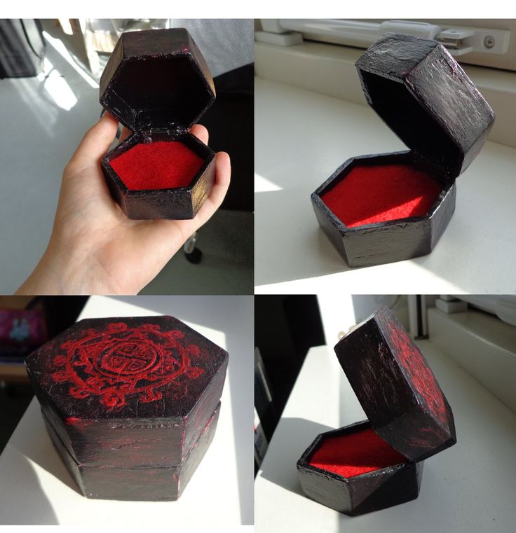 four different views of the inside of a wooden box with red velvet in it,