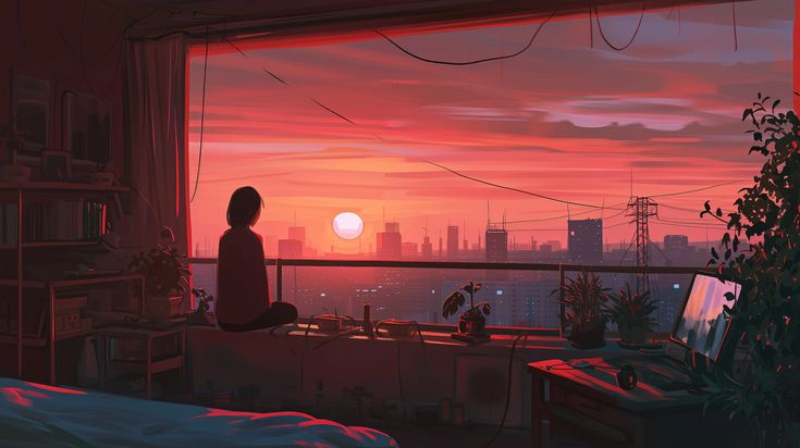 a person sitting on a bed in front of a window looking out at the sunset