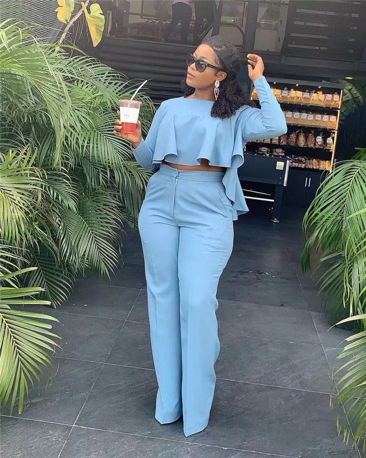 Ingvn 2022 Elegant Work Wear Two Piece Set Fall Clothes for Women Ruff Elegant Work Wear, Casual Uniform, Fall Clothes For Women, Wide Leg Pant Suit, Uniform Outfits, Crop Top Shirt, Denim Fashion Women, Office Business Casual, Ruffle Crop Top