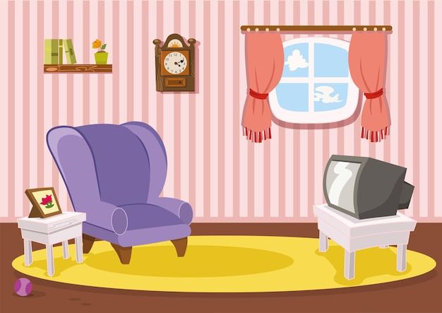 a cartoon living room with pink walls and striped wallpaper, two purple chairs, a small tv on a yellow rug in front of a window