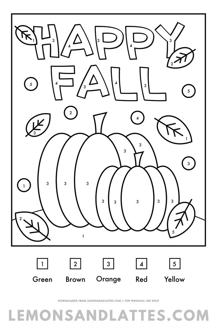 a happy fall coloring page with pumpkins and leaves in the background, for kids to color