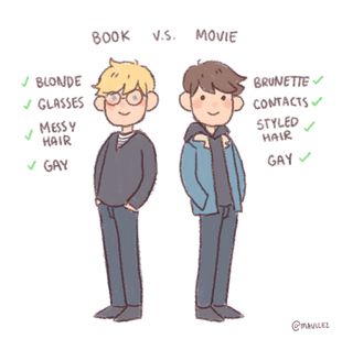 two men standing next to each other with the words book vs movie written on them