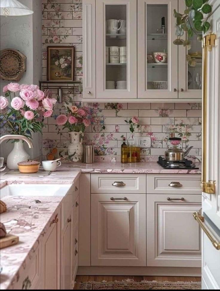 a kitchen with white cabinets and pink flowers on the counter top, along with gold trim