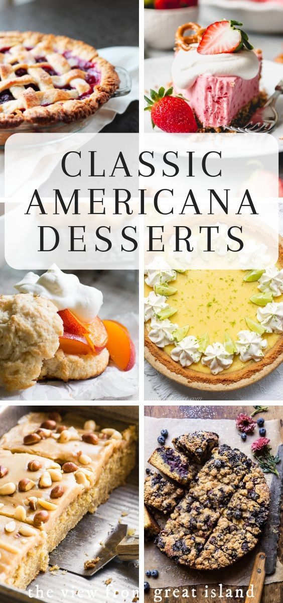 classic american desserts collage with text overlay