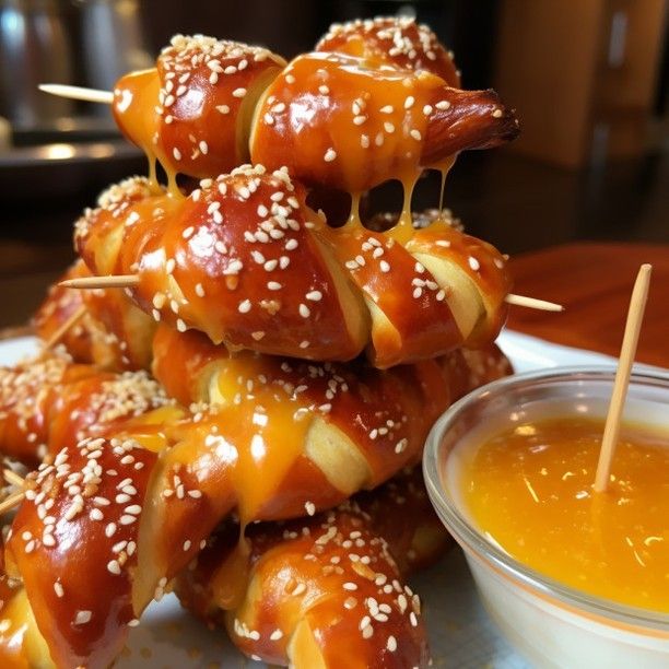 several hot dogs on skewers with dipping sauce