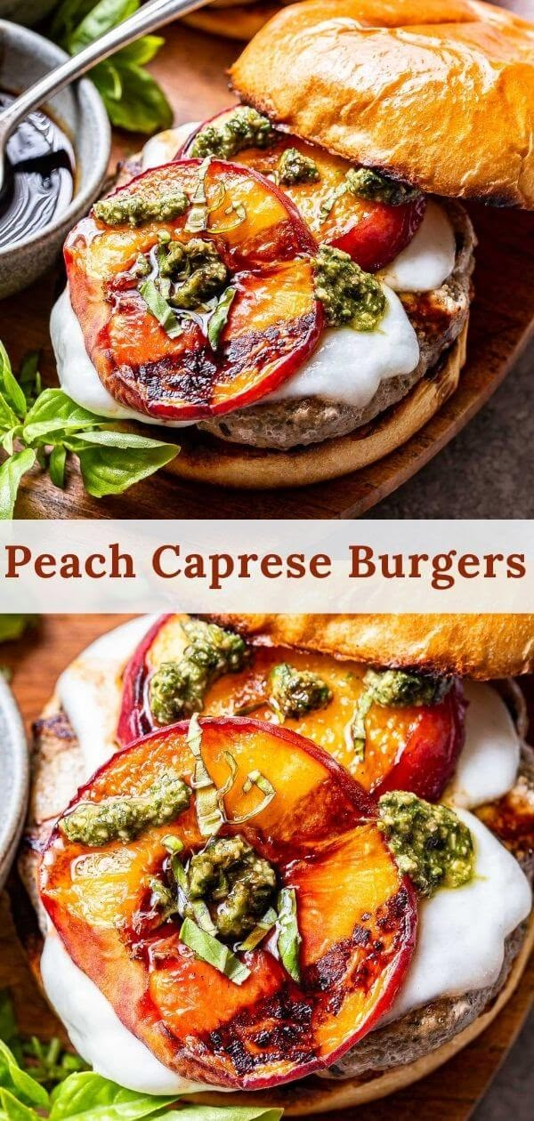 two pictures of peaches and pesto burgers on a wooden cutting board with basil