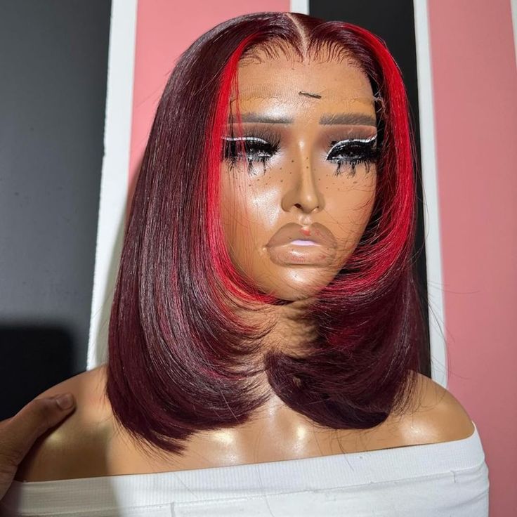 PRICES MAY VARY. 99j Burgundy Bob Wig Human Hair Material: 13x4 Straight Bob Wig Pre Plucked 100% Unprocessed Brazilian Virgin Human Hair,Cut Off From Young Girl Donors Directly, Very Soft, Silky Smooth, Little Shedding, No Tangles, Can Be Worn For A Long Time. Burgundy Lace Front Bob Wig Quality: 180% Density,Natural Hairline,Bleached Knots,Full And Thick,No Split,No Smell,100% True To Length Wig.Can Make Ponytails And Buns,Can Be Dyed,Straightened,Curled And Styled As You Like. 13x4 Burgundy L Hair Color Red Highlights, Bob Pendek, Grey Hair Extensions, Kort Bob, Lace Front Bob, Red Bob, Olive Oil Hair, Red Wigs, Burgundy Hair