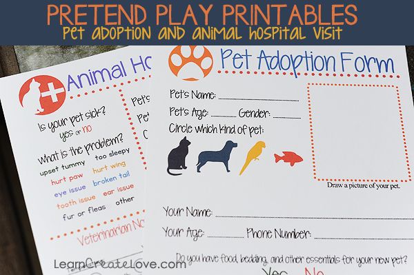 this is an image of printable pet information cards for dogs and cats with the words pretend play printables written on them