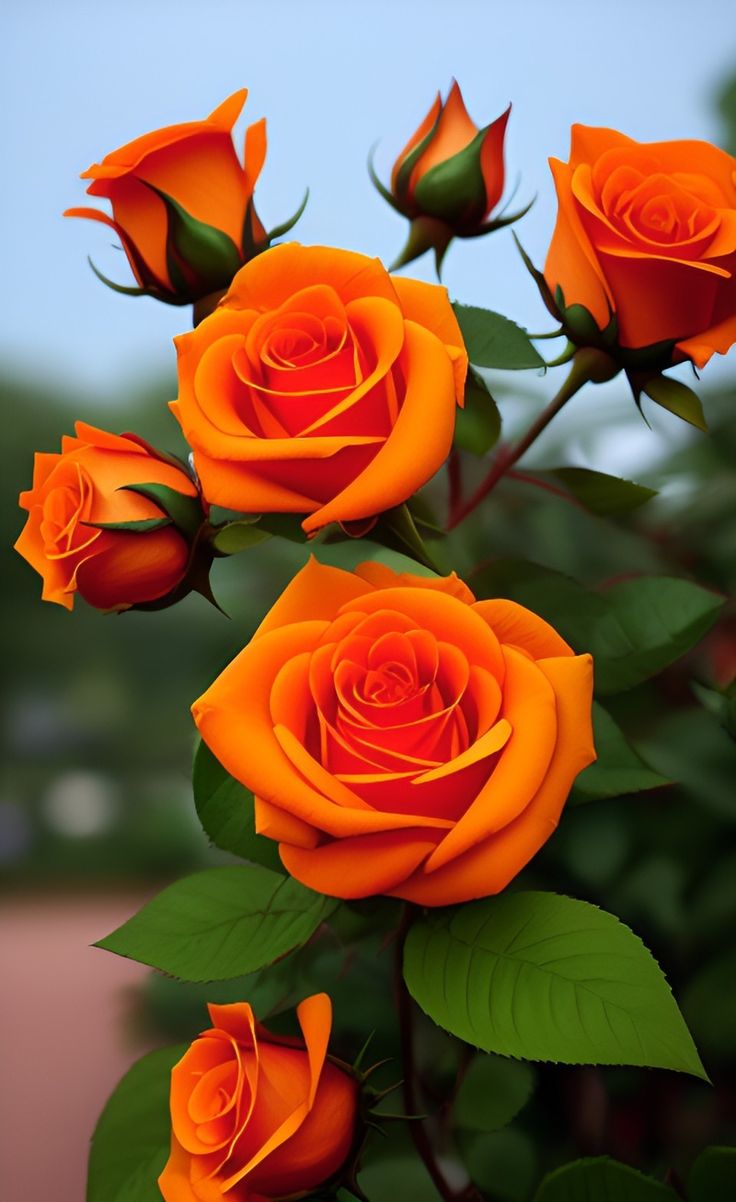 several orange roses with green leaves in the foreground