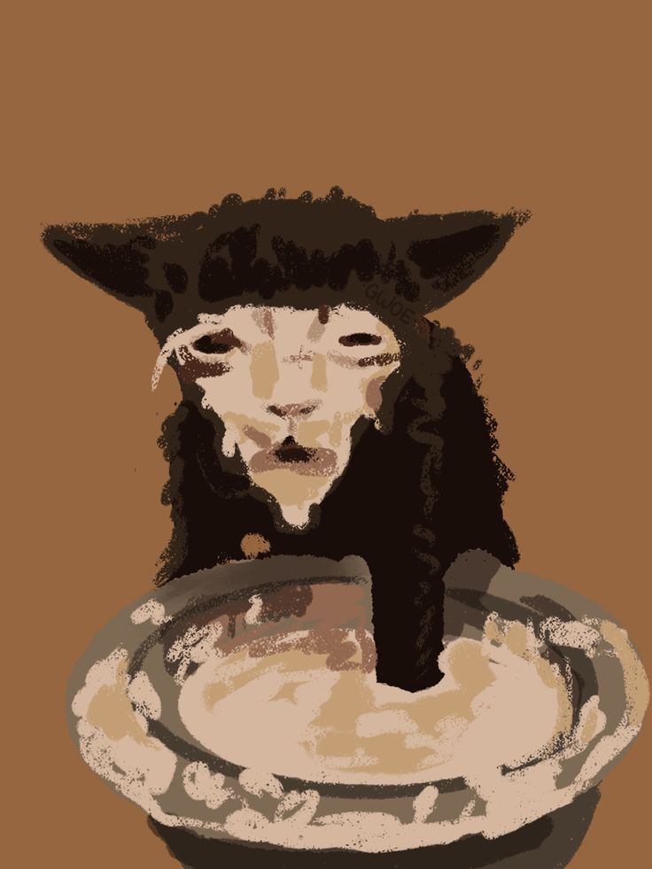 a painting of a cat with its head in a bowl, looking at the camera