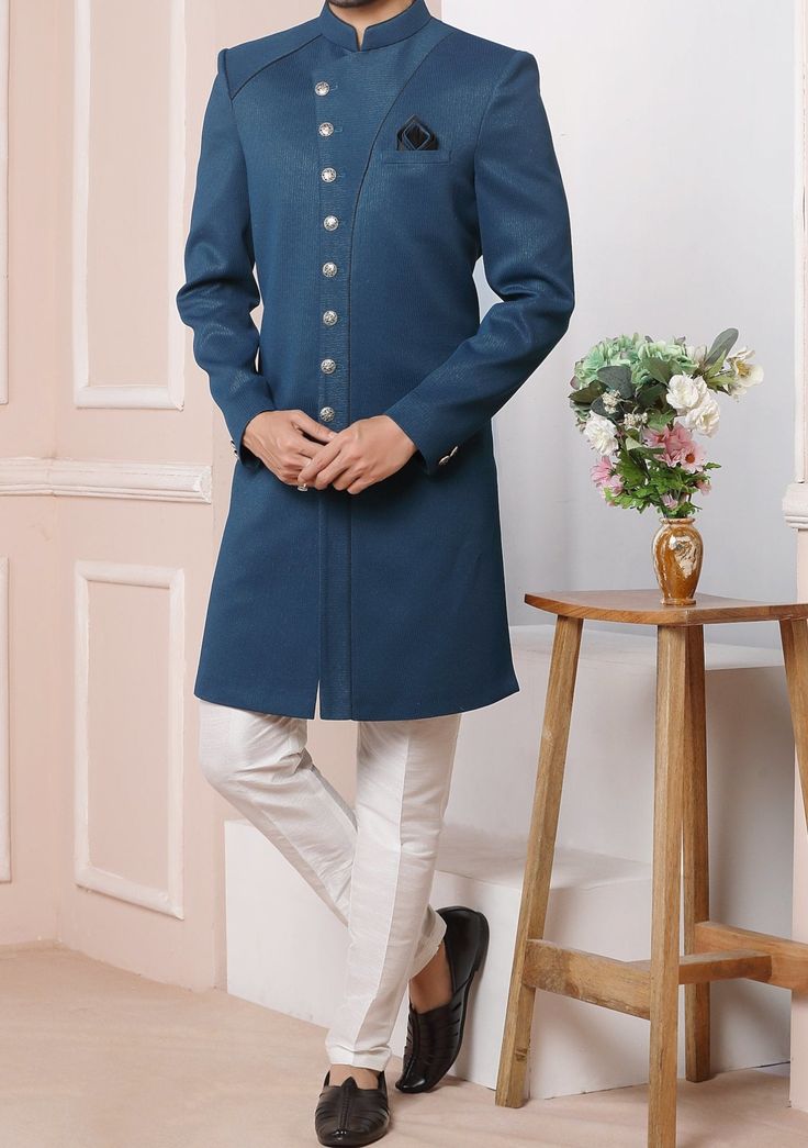 Men's Indo Western Party Wear Sherwani Suit - db20469 Brand Equity, Western Party Wear, Indo Western Sherwani, Western Party, Western Parties, Chinese Collar, Readymade Saree, Dupion Silk, Collar Neck