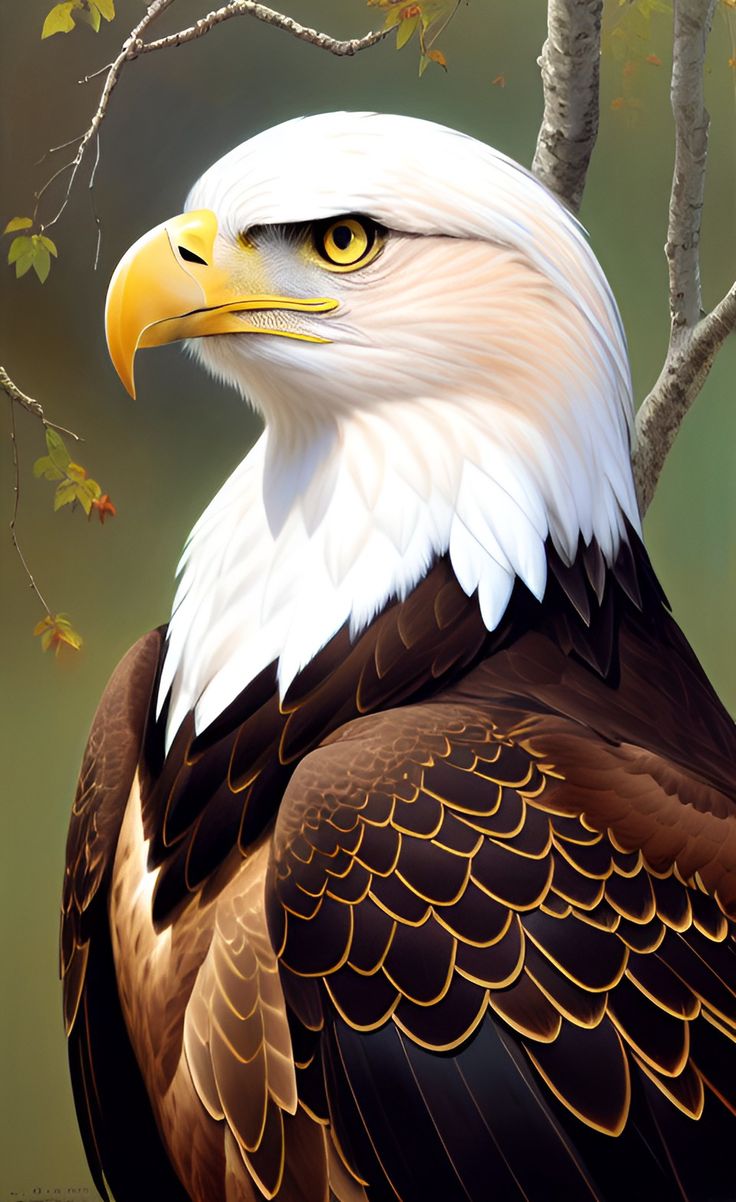 a painting of an eagle perched on a tree branch with leaves in the background and yellow eyes