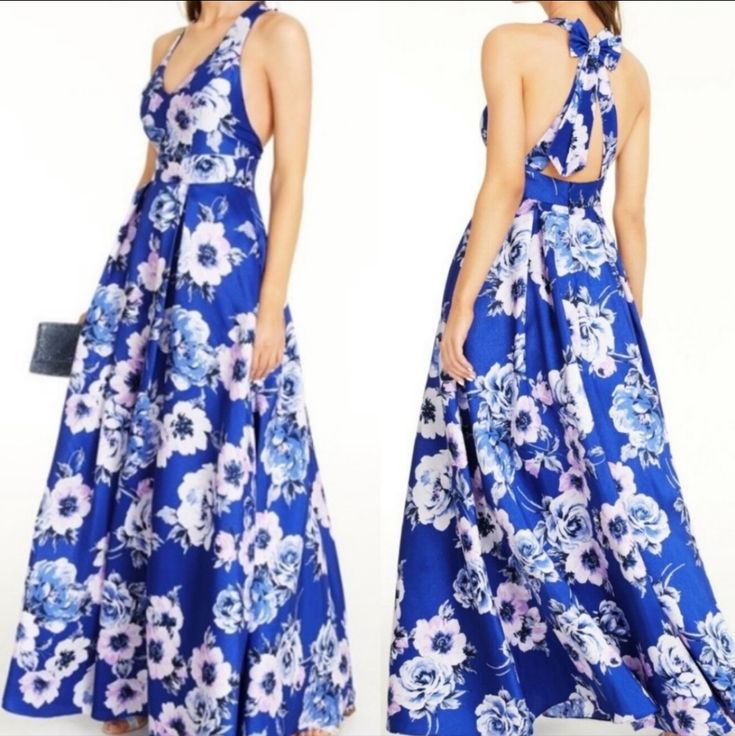 Blue Floral Print Gown For Spring, Royal Blue Wedding Dress For Spring, Blue Floral Print Maxi Dress For Wedding, Blue Floral Print Floor-length Dress, Blue Floor-length Floral Print Dress, Blue Floral Print Maxi Dress For Prom, Blue Floral Print Dress For Gala, Blue Floral Print Gala Dress, Blue Satin Gown For Spring