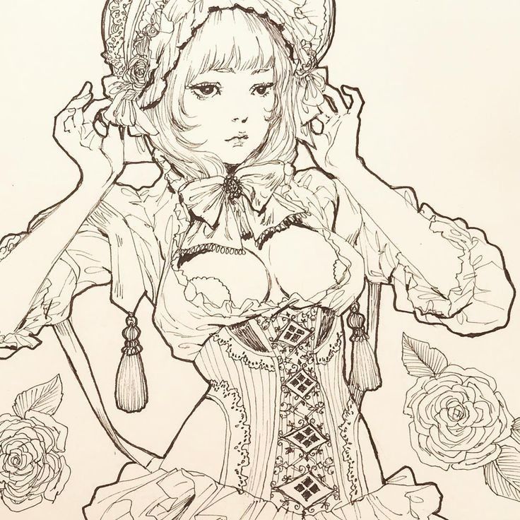 a drawing of a woman in a corset with roses around her neck and hands behind her head