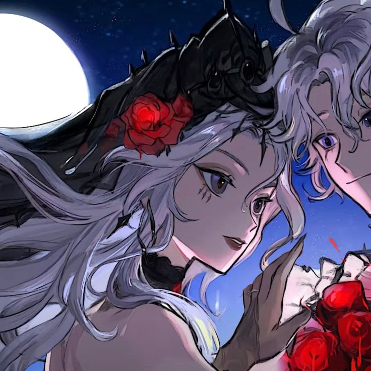 two women with white hair and red roses in their hair, one holding a rose