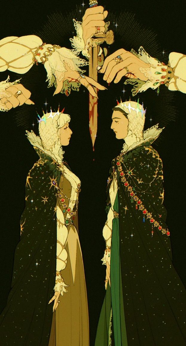 two women dressed in medieval clothing and holding hands over their heads, both wearing elaborate headdresses