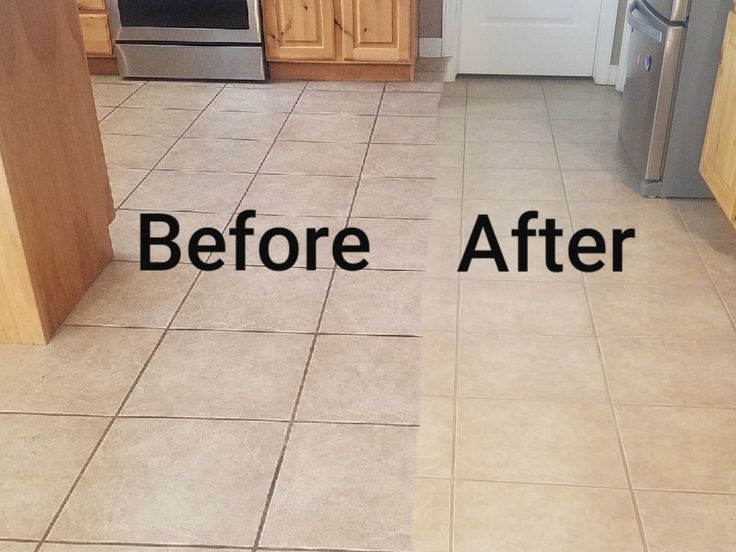 before and after photos of a tile floor cleaning job in an empty kitchen with stainless steel appliances