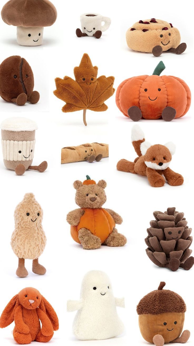 many different stuffed animals are arranged in the shape of pumpkins, leaves and acorns