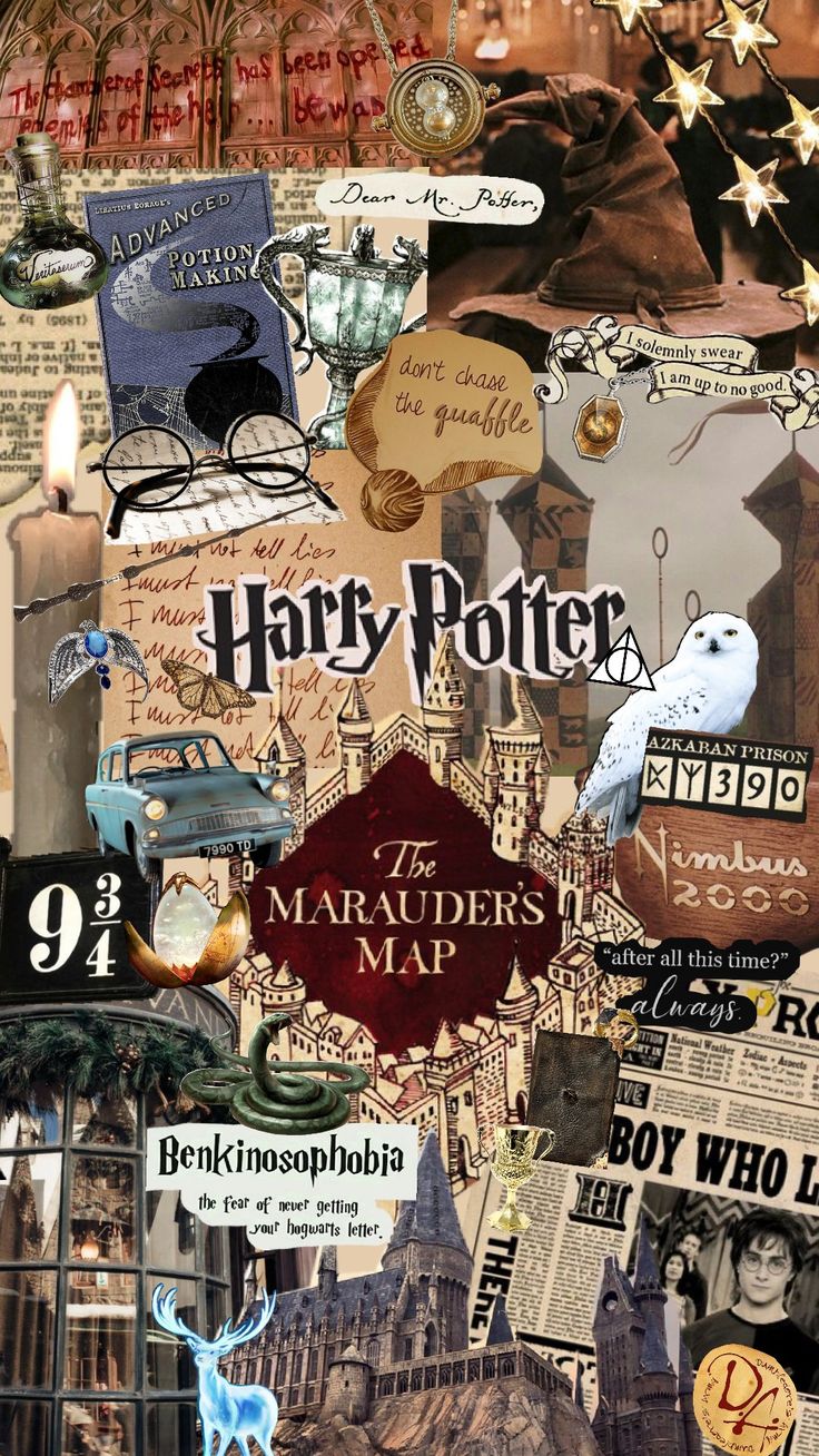 harry potter collage with hogwart's houses and other items