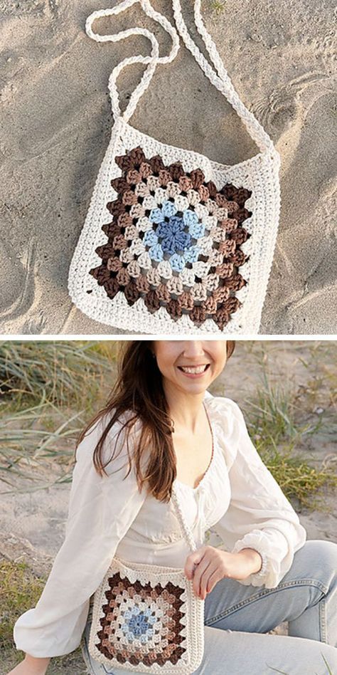 a woman sitting on the beach with a crocheted bag in front of her