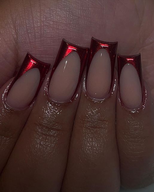 Dark Red Nails For Prom, Burgundy Chrome French Tip Nails, Red Nails Prom Short, Dark Red Acrylic Nails Designs Ideas, Red Nail Designs With Initial, Red And Metallic Nails, Dark Red Chrome French Tip Nails, Red Deep French Tip Nails, Red Glitter French Tip Nails Short