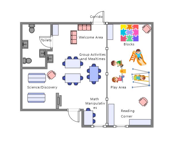 Infant Classroom Layout Childcare Floor Plans, Daycare Floor Plans Layout Day Care, Nurture Classroom Layout, Preschool Layout Ideas, Daycare Center Layout Floor Plans, Mixed Age Classroom Setup, Nursery School Floor Plan, Preschool Classroom Layout Floor Plans, Kindergarten Layout Plan