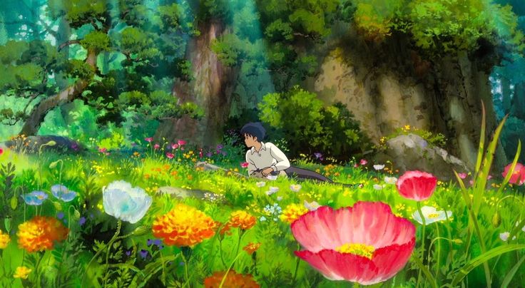 an anime scene with flowers in the foreground and a person sitting on the ground