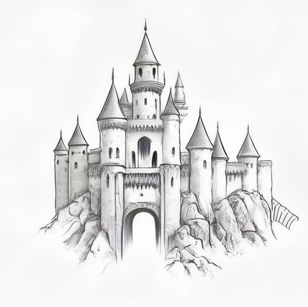 a drawing of a castle on top of a mountain