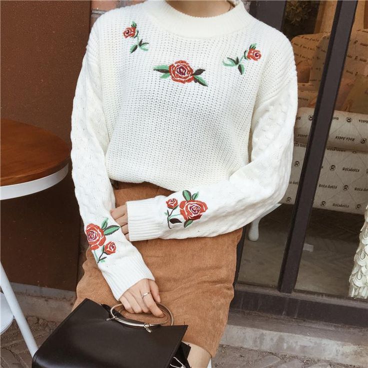 Rose Embroidered Pullover Sweater – Tomscloth Fitted Cotton Sweater With Floral Embroidery, White Winter Sweater With Floral Embroidery, White Long Sleeve Sweater With Floral Embroidery, White Floral Embroidered Long-sleeved Sweater, White Floral Embroidery Sweater For Winter, White Floral Embroidery Winter Sweater, Winter Long Sleeve Tops With Floral Embroidery, Fitted Long Sleeve Sweater With Floral Embroidery, Winter Floral Embroidery Long Sleeve Tops