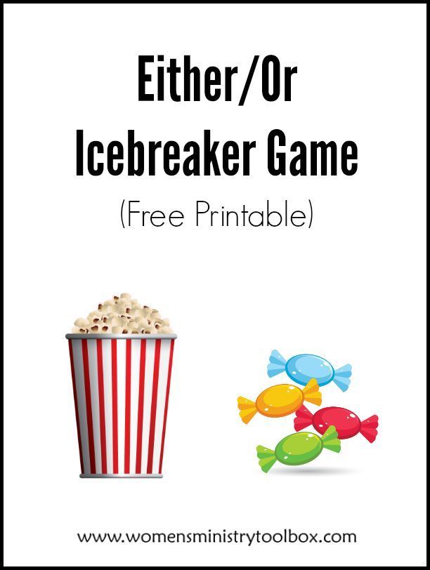 an image of a popcorn box with the text, either or icebreaker game free printable