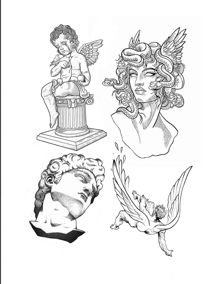 some drawings of angels and statues on a white background