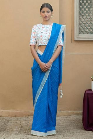 Shop for Pita Nila Blue Raw Silk Printed Saree With Blouse for Women Online at Aza Fashions Fitted Blue Pre-draped Raw Silk Saree, Blue Dola Silk Pre-draped Saree With Unstitched Blouse, Festival Blue Pre-draped Saree With Embroidered Border, Blue Saree With Printed Border, Blue Semi-stitched Dola Silk Saree, Raw Silk Embroidery, Organza Lace, Printed Saree, Embroidered Organza