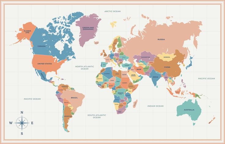 a world map with all the countries and their names on it's borders, in pastel colors