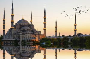 the blue mosque is reflected in the water