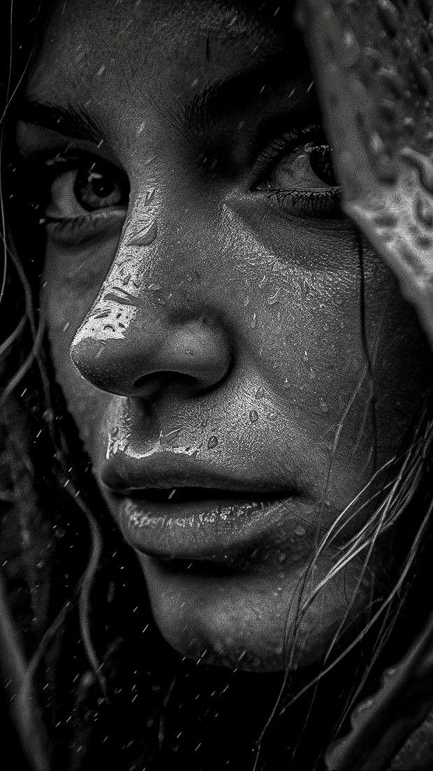 a black and white photo of a woman with freckles on her face, looking into the distance