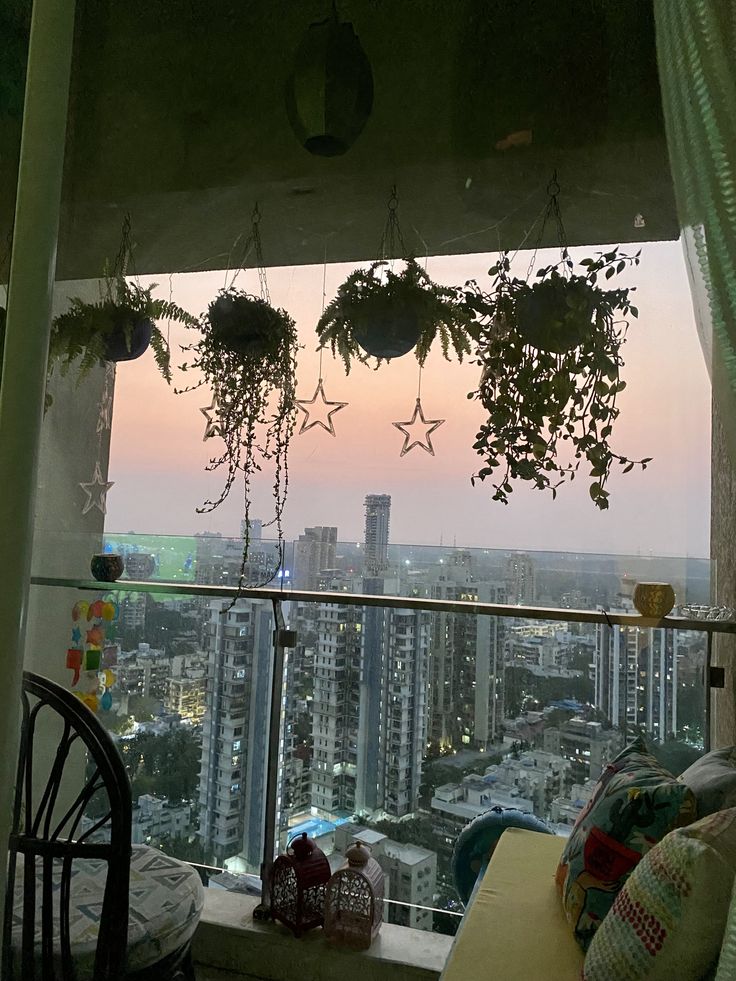 some plants hanging from the side of a window in a room with a city view