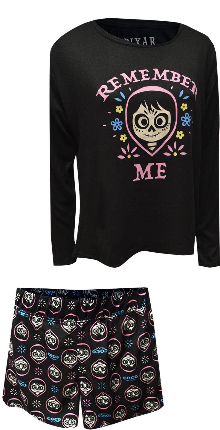 This is Disney-Pixar at its best! These shortie pajama sets for women are perfect for fans of the movie Coco. The black background has Coco with the phrase 'Remember me'. The top is a soft fabric with lovely drape and the shorts are silky fleece. Made from 95% Polyester and 5% spandex for comfort. We could wear these all day! Black Crew Neck Sleepwear For Pajama Party, Black Cartoon Print Sleepwear For Pajama Party, Black Cartoon Print Sleepwear For Sleepover, Black Cotton Pajama Shorts For Bedtime, Black Letter Print Sleepwear For Loungewear, Black Cotton Bedtime Top, Casual Black Sleepwear With Cartoon Print, Black Sleepwear With Character Print For Loungewear, Black Graphic Print Sleepwear For Loungewear