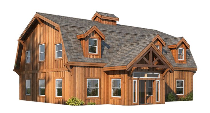 a large wooden house with two story windows and a gray shingled roof, on an isolated white background