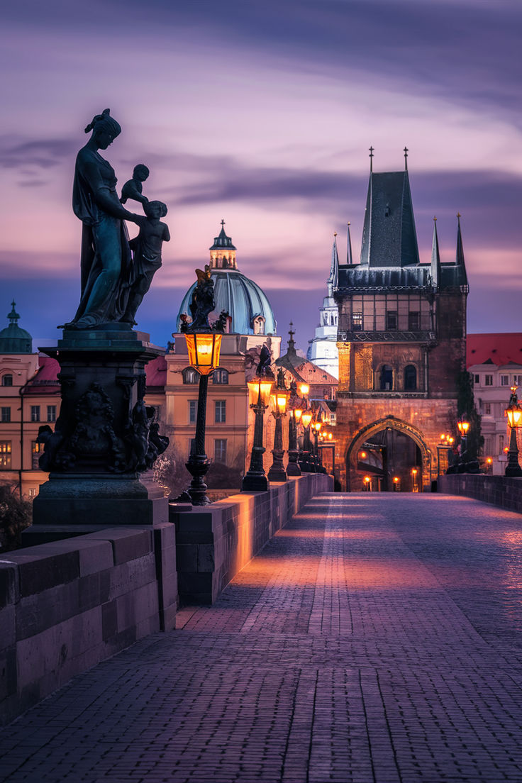 an old city street at night with lights and statues on either side of the road