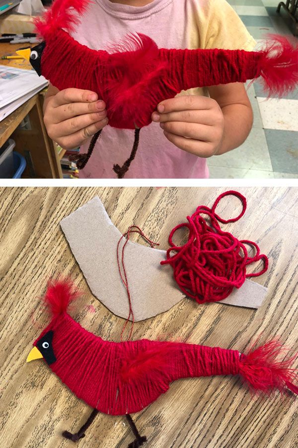 two pictures with yarn and scissors in the shape of birds