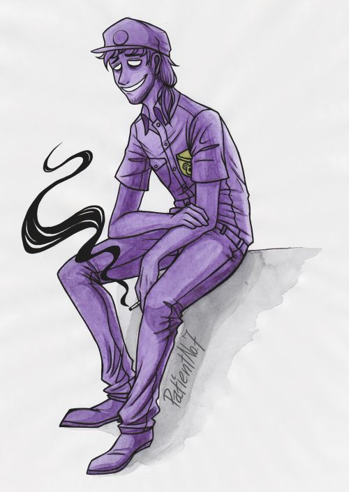 a drawing of a man sitting on top of a rock wearing a purple suit and tie