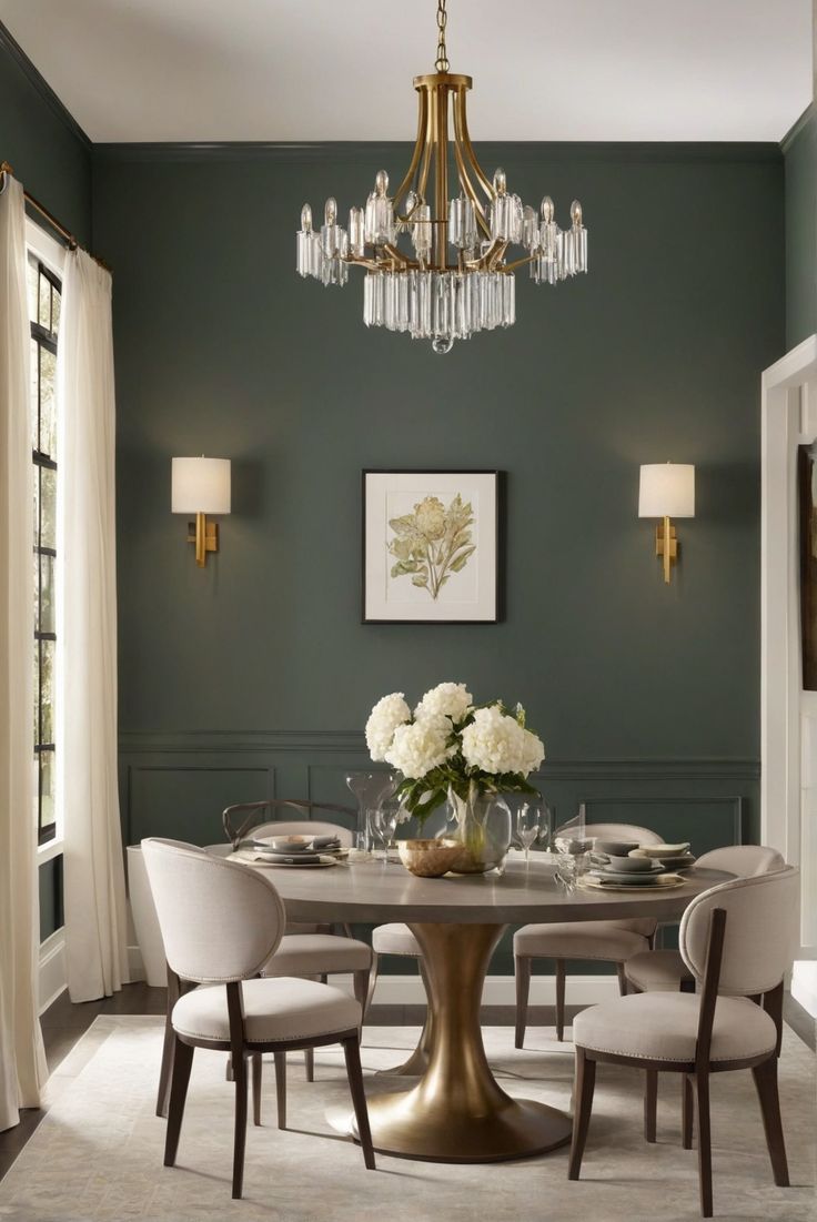 1. Dining room decor
2. Paint finishes
3. Interior design
4. Home improvement Dining Room Decor Dark Walls, All Green Dining Room, Dining Room Decor Wainscoting, Green Formal Dining Room, Dining Room Paint Colors With White Wainscoting, Green Paint Dining Room Ideas, Green Wall In Dining Room, Dining Room Decor Chair Rail, Blue Dining Room With White Wainscoting