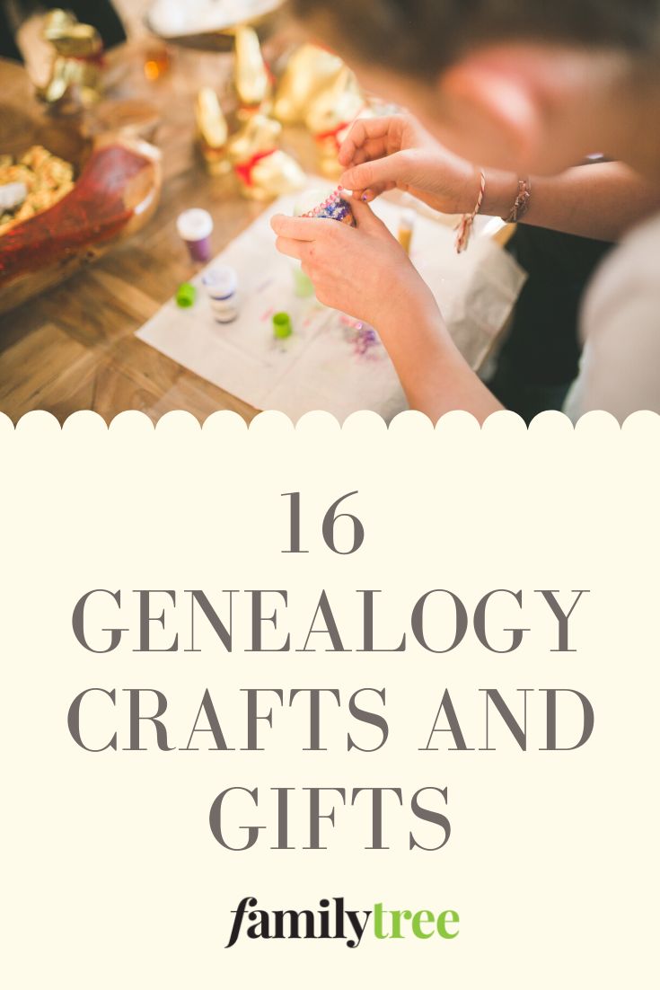 people are sitting at a table with food on it and the words, 16 genealogy crafts and gifts