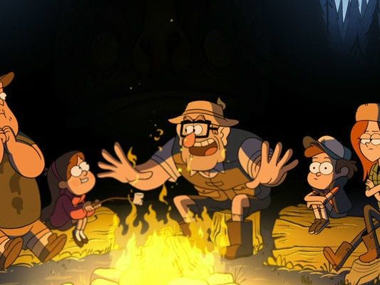 cartoon characters sitting around a campfire with their hands in the air and looking at something